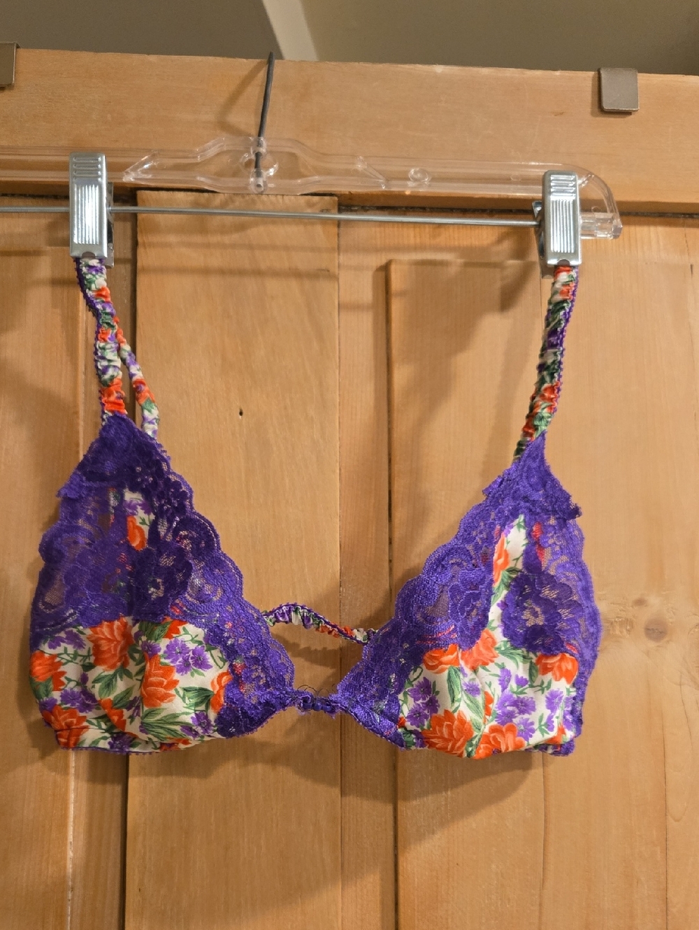Vintage Dior Purple Floral Lace Triangle Bra with Red Accents